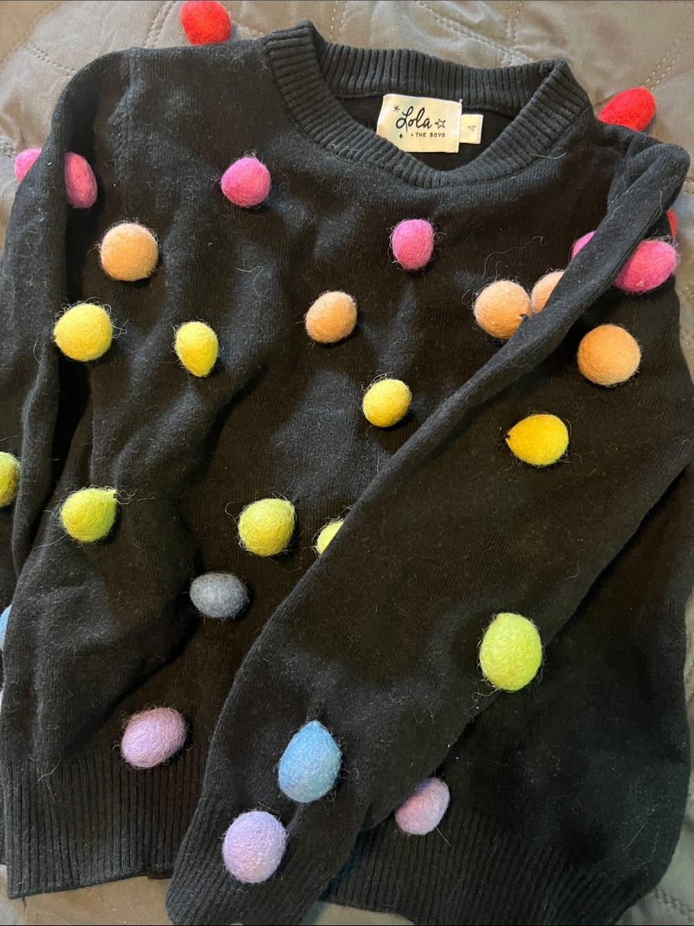 Lola + The Boys Black Crewneck Sweater with Multicolor Pom Poms girls 4t
